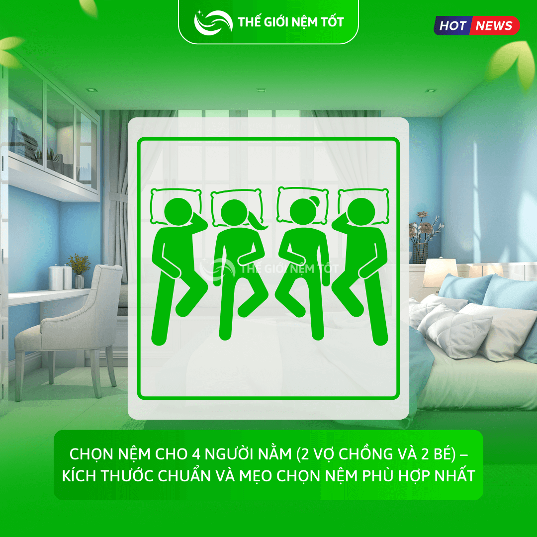 Chọn nệm cho 4 người nằm (2 vợ chồng và 2 bé) – Kích thước chuẩn và mẹo chọn nệm phù hợp nhất
