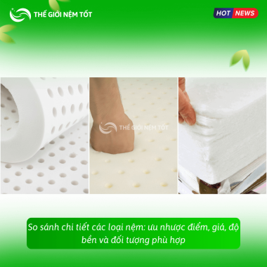 So sánh chi tiết các loại nệm: ưu nhược điểm, giá, độ bền và đối tượng phù hợp