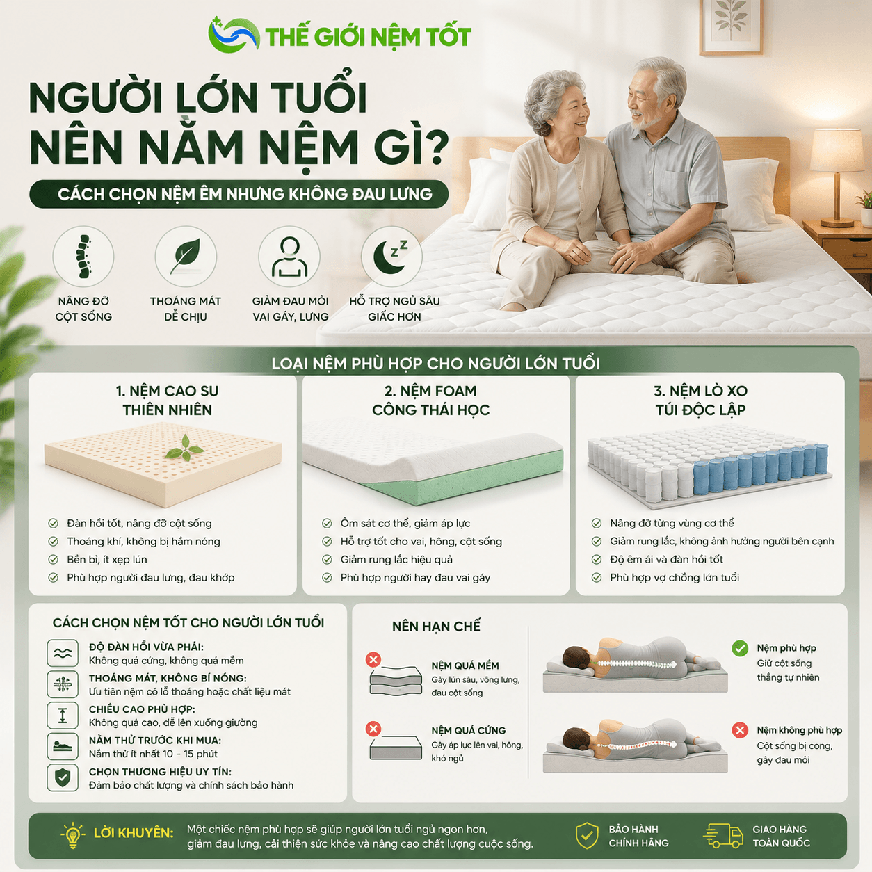 Người Lớn Tuổi Nên Nằm Nệm Gì? Cách Chọn Nệm Tốt Cho Sức Khỏe